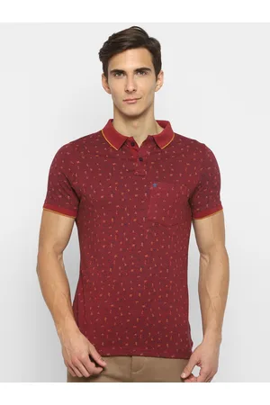 Turtle Men Maroon Cotton Printed Polo Collar Slim Fit T-shirt