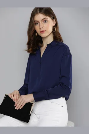 Chemistry Navy Blue Solid Shirt Style Top