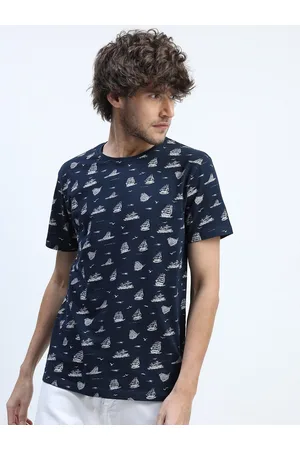 Highlander Men Navy Blue Printed Round Neck Slim Fit T-shirt