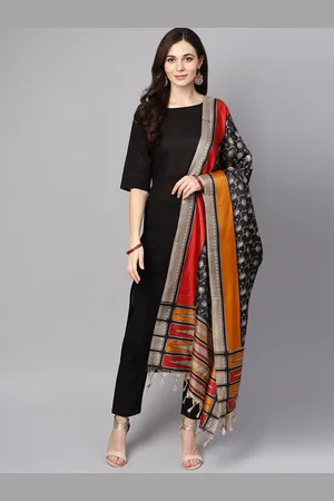 Nayo Women Black & Mustard Yellow Solid Kurta with Trousers & Dupatta