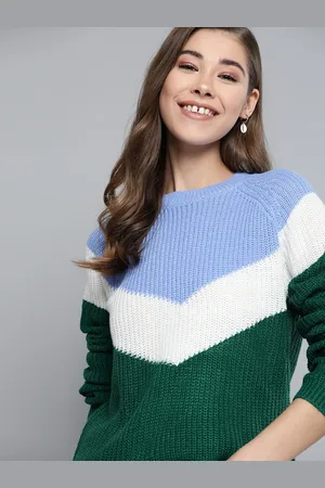 Mast & Harbour Women Green & Blue Colourblocked Pullover Sweater