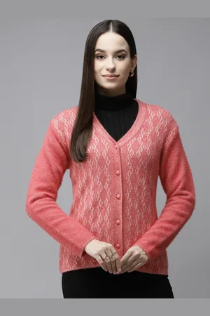 Cayman Women Pink & White Self Design Woollen Cardigan