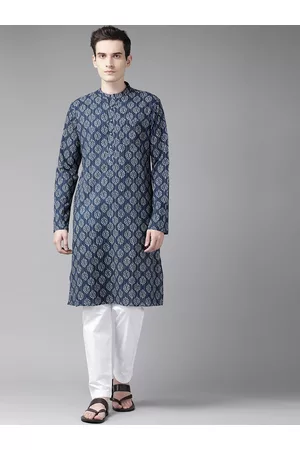 See Designs Men Ethnic Pyjamas - Men Blue Ethnic Motifs Printed Pure Cotton Kurta with Pyjamas