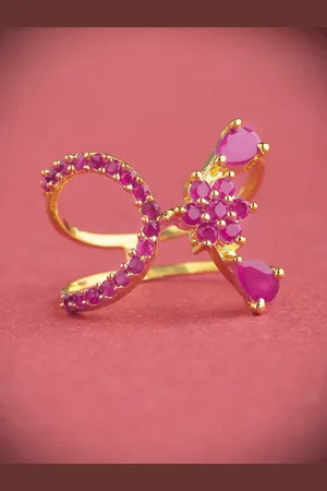 Priyaasi Gold-Plated Magenta Ruby Stone-Studded Finger Ring