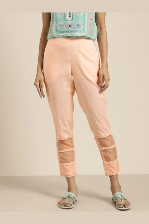 Sangria Women Peach-Coloured Solid Trousers with Lace Inserts