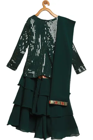Ethnovog Girls Green Regular Sequinned Kurti with Sharara With Dupatta