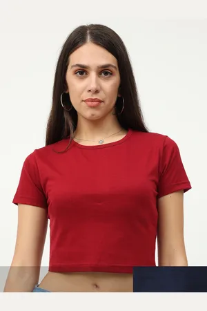 Fleximaa Women Pack of 2 Maroon & Navy Blue Solid Round Neck Crop Pure Cotton Top