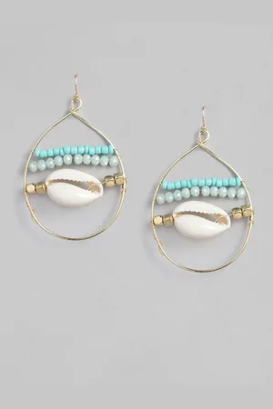 justpeachy Blue & Gold-Toned Cowrie Teardrop Shaped Drop Earrings