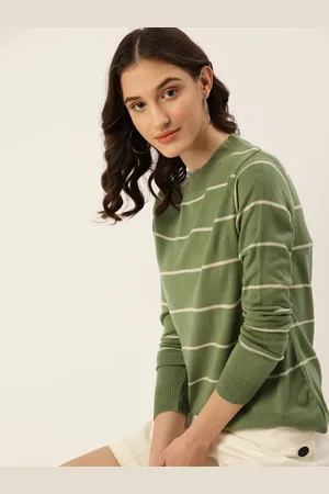 DressBerry Women Olive Green & White Acrylic Striped Pullover
