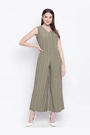 Mayra Women Olive Striped Basic Jump Suit