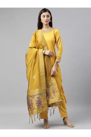 Mimosa Yellow & Gold-Toned Woven Design Art Silk Dupatta