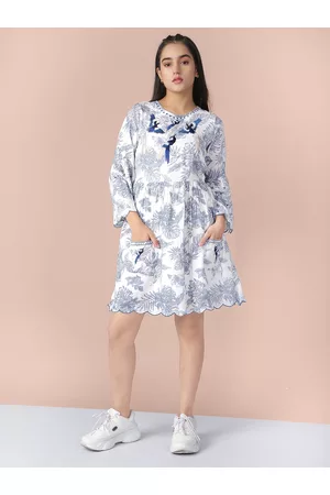 naughty ninos Girls White & Blue Tropical Printed Belted Dress