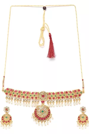 Zaveri Pearls Green & Pink Gold-Plated Stone-Studded & Beaded Jewellery Set