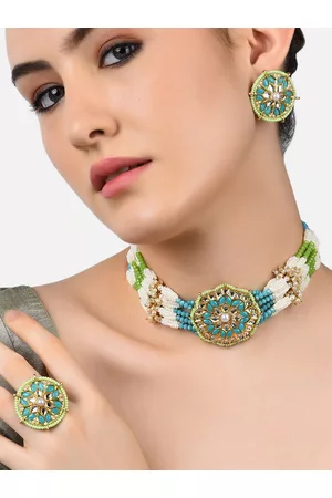 Zaveri Pearls Gold-Plated Turquoise Blue & White Kundan-Studded & Pearl Beaded Jewellery Set