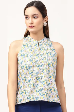 Elle White & Blue Floral Print Keyhole Neck Top