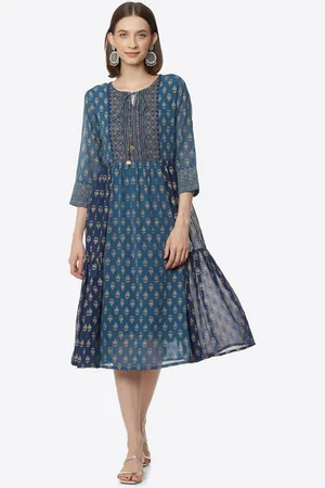 Rangriti Women Blue Ethnic Motifs Tie-Up Neck Midi Dress