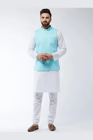 SOJANYA Men White & Turquoise Blue Solid Kurta And Churidar With Jacket