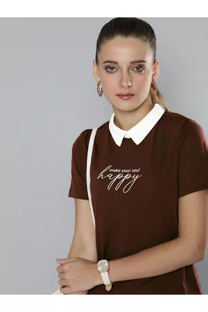 Chemistry Women Brown Typography Print with Shirt Collar Pure Cotton T-shirt