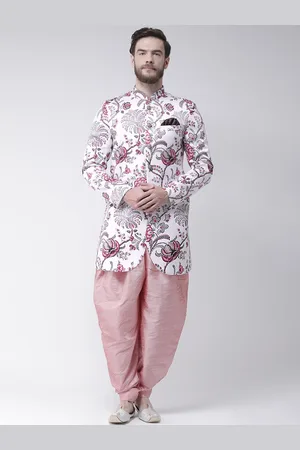 Hangup Men Pink & Grey Floral Printed Sherwani Set