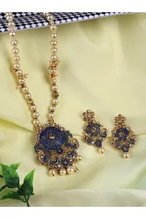 ANIKAS CREATION Blue & Gold-Toned & Plated Stone-Studded Meenakari Necklace Set