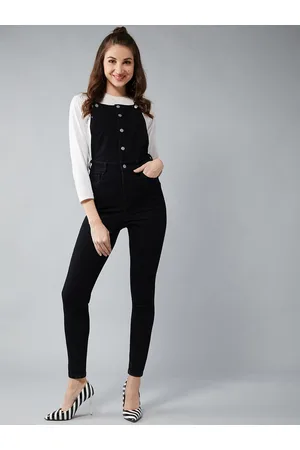 DOLCE CRUDO Women Black Solid Denim Skinny-Fit Dungaree