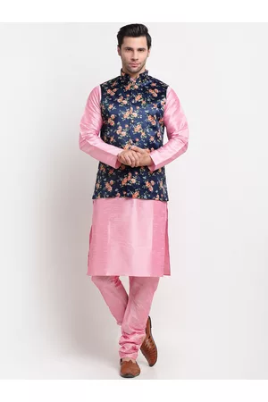 Kraft Men Pink Regular Dupion Silk Kurta with Pyjamas & Printed Nehru Jacket