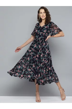 Rare Fashion Navy Blue & Pink Floral Printed Fit and Flare Dress