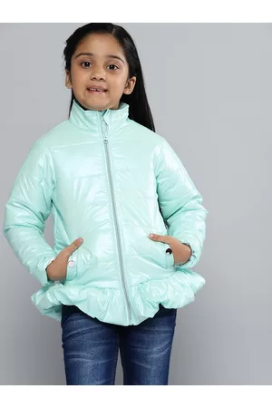 YK Girls Mint Green Solid Padded Jacket with Sheen Effect