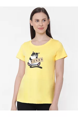 Soie Women Yellow & Black Solid Lounge T-Shirt