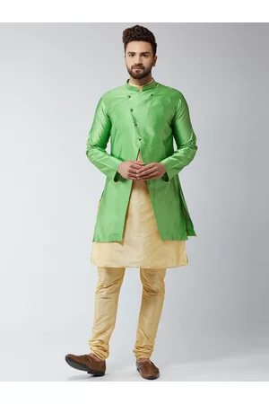 SOJANYA Men Gold-Toned & Green Self-Design Sherwani Set