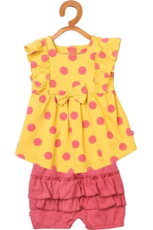 Nino Bambino Girls Yellow & Peach-Coloured Printed Organic Cotton Top with Shorts