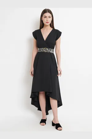 Purple State Women Black Solid Wrap Midi Dress