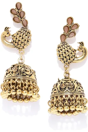 Jewels Galaxy Antique Gold-Plated Stone-Studded Textured Dome Shaped Jhumkas