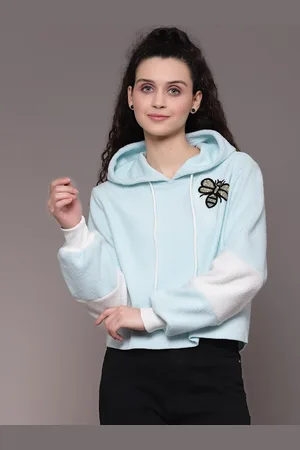 KASSUALLY Women Blue Hooded Faux Fur Sweatshirt