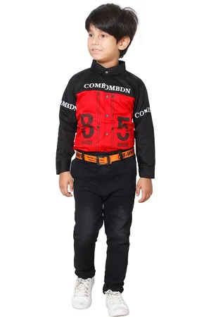 DKGF FASHION Boys Red & Black Printed Shirt with Trousers