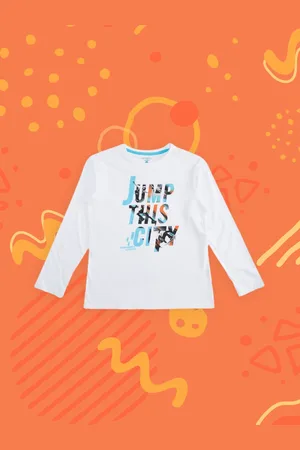Pantaloons Boys White & Blue Typography Printed Pure Cotton T-shirt