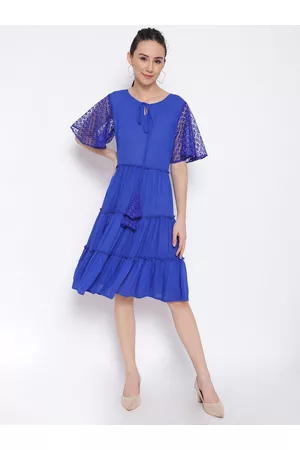MARC LOUIS Women Blue Tie-Up Neck Crepe Dress