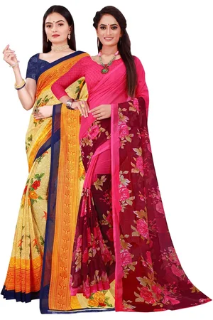 Florence Pack Of 2 Women Yellow & Pink Printed Pure Georgette Saree With Unstitched Blouse
