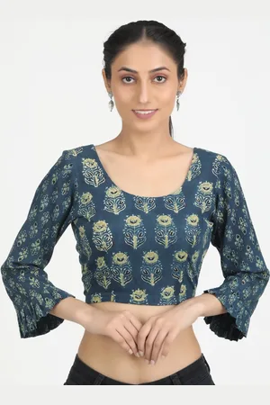 Llajja Women Turquoise Blue Printed Cotton Saree Blouse