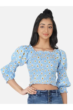 Antheaa Blue & Yellow Floral Print Smocked Crepe Crop Top