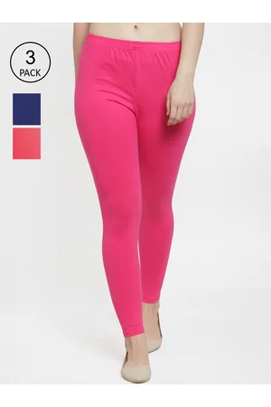 Jinfo Women Pack of 3 Pink Coral & Navy Blue Ankle Length Cotton Leggings
