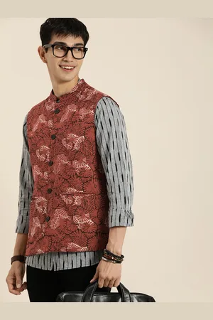 Taavi Men Rust Red & Black Bagru Fossil Print Mandarin Collar Pure Cotton Nehru Jacket