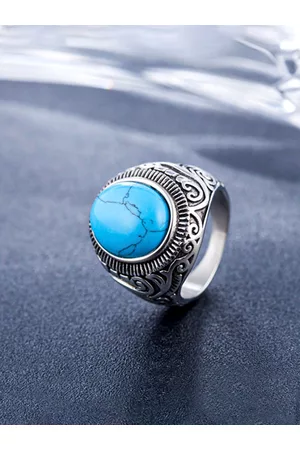 Yellow Chimes Men Silver-Plated Blue Stone Studded Oxidized Ring