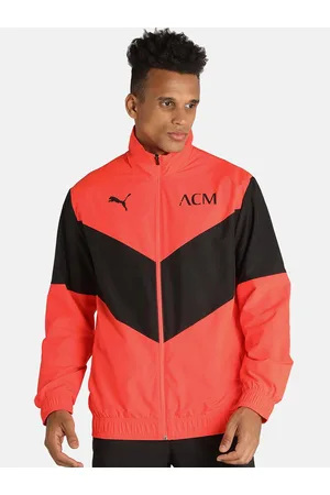PUMA Men Red & Black Colourblocked AC Milan Prematch Woven Football Jacket
