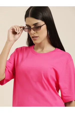 Difference of Opinion Women Pink Solid Pure Cotton Oversized T-shirt