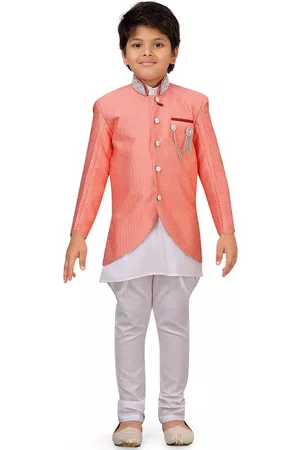 AJ DEZINES Boys Pink & White Woven Design Silk Sherwani Set