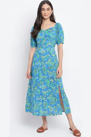 Fabindia Blue Floral A-Line Midi Front Cut Dress