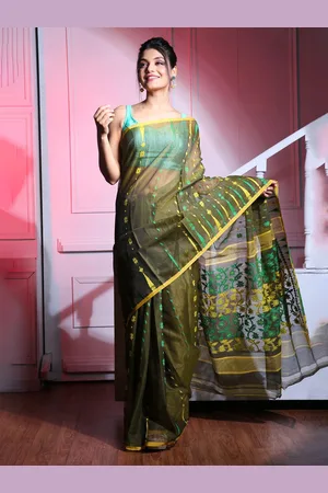 Charukriti Green & Yellow Floral Silk Cotton Jamdani Saree