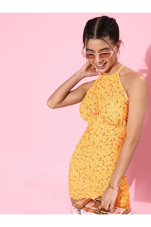 KASSUALLY Women Stylish Mustard Floral Bustier Dress