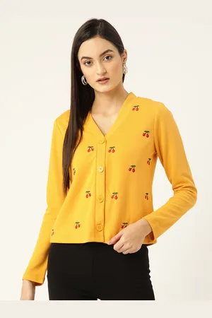 KASSUALLY Women Mustard Yellow Embroidered Cardigan Sweater